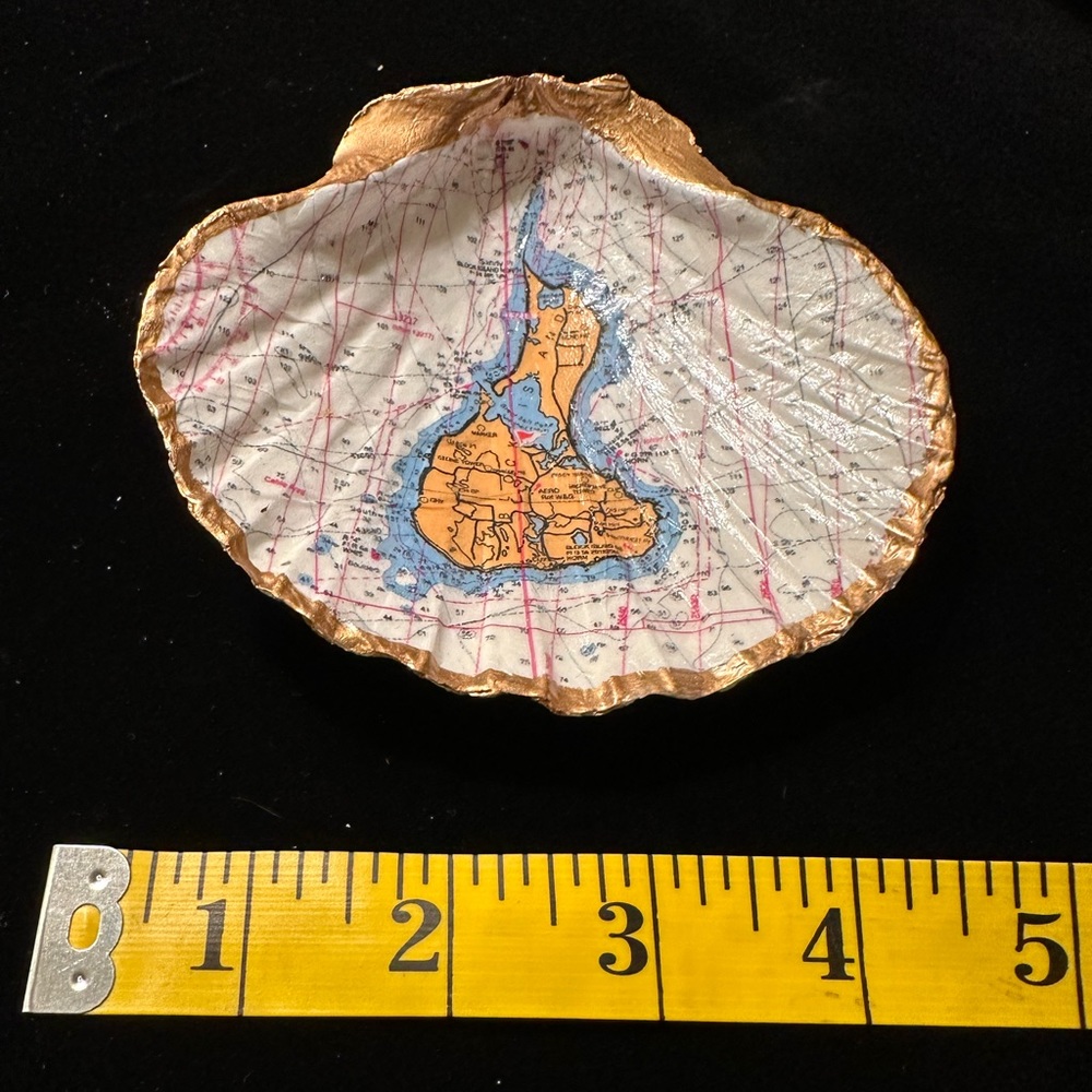 Hand crafted, decopauged, scallop shell dish- jewelry/coins. Nautical chart